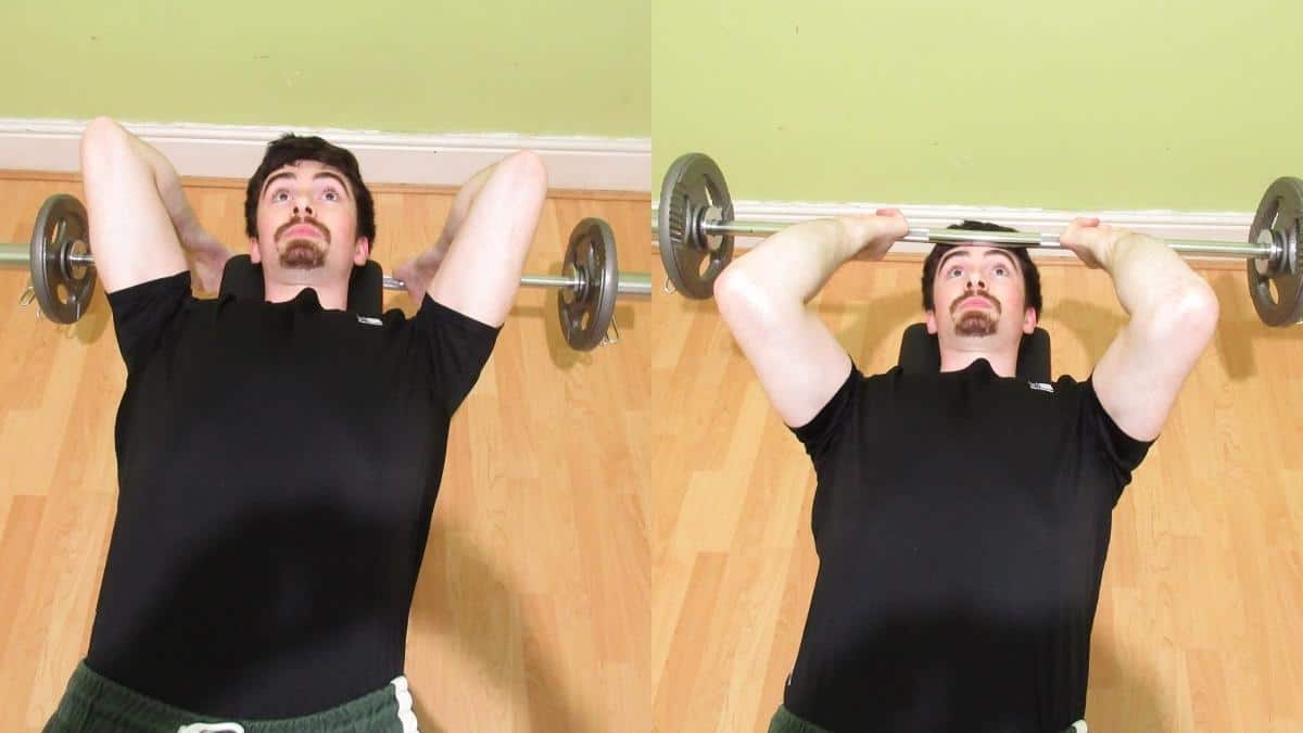 A man demonstrating the best way to do skull crushers for triceps development