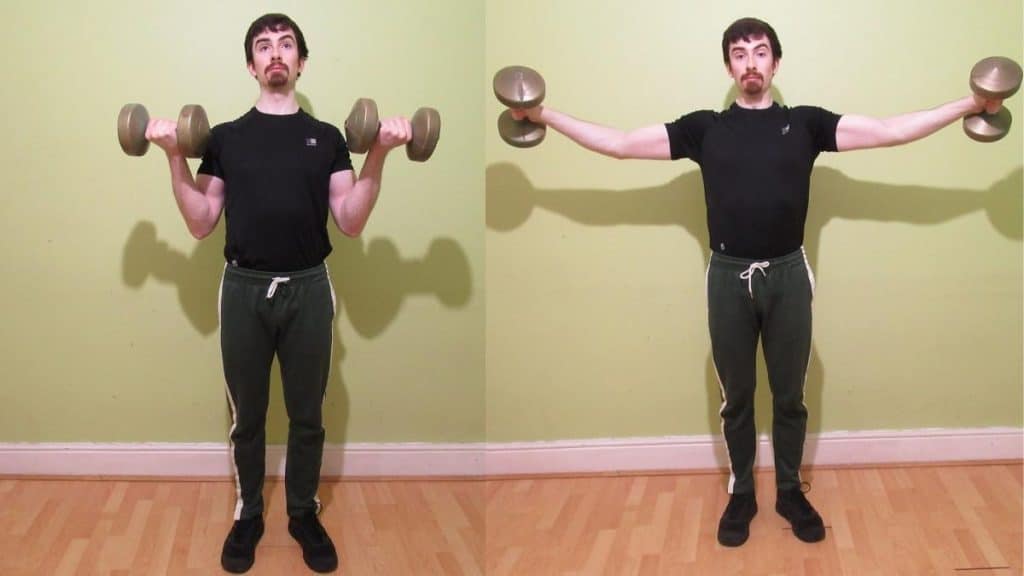 A man performing a bicep curl to lateral raise