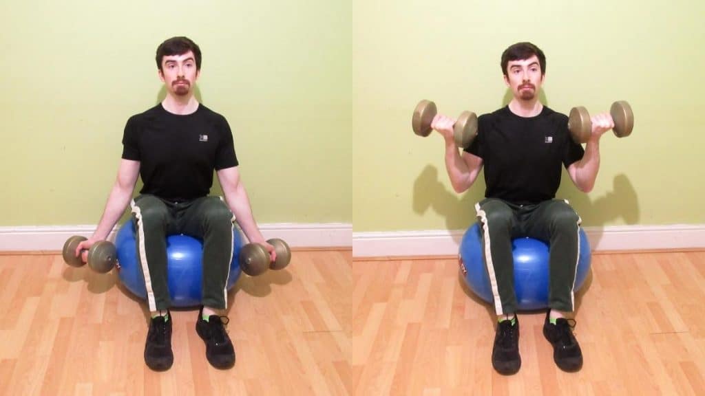 A man performing bicep curls on a stability ball