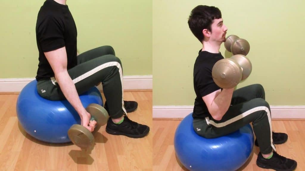 A man doing some bicep curls on a Swiss ball
