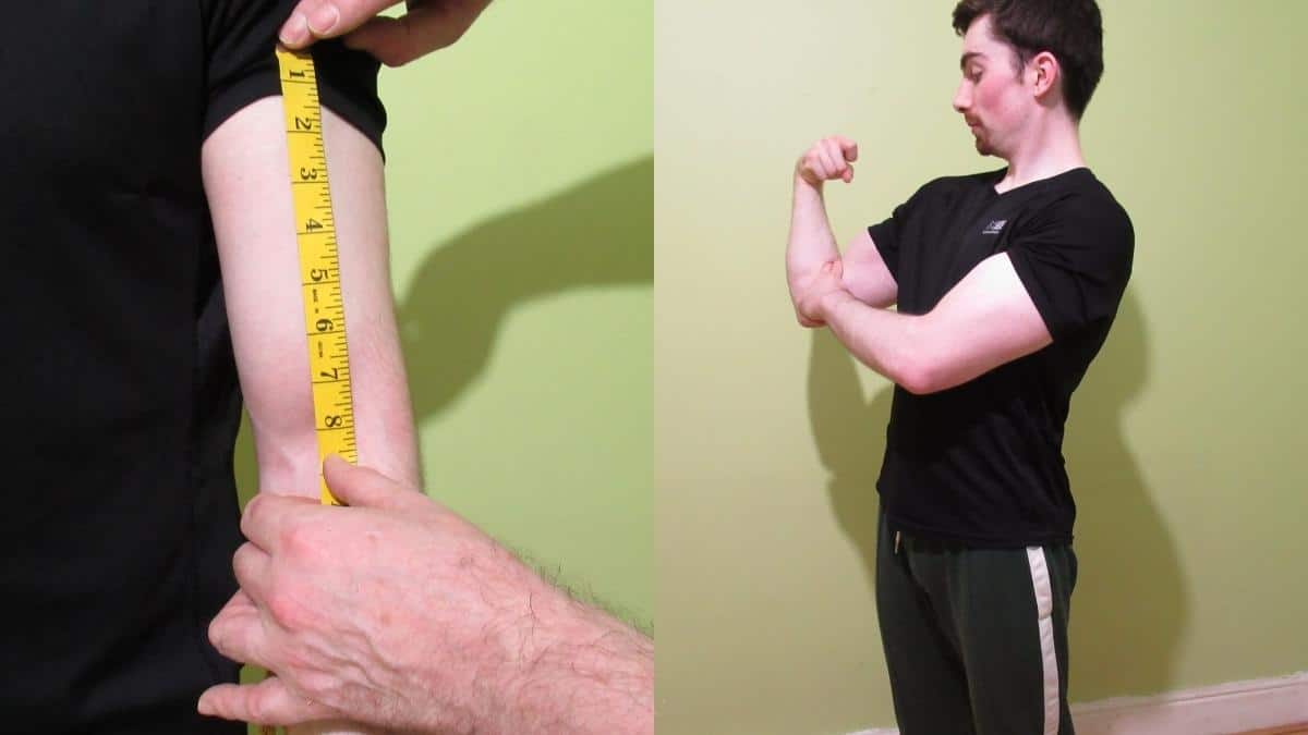 A man showing two ways to take a bicep length measurement