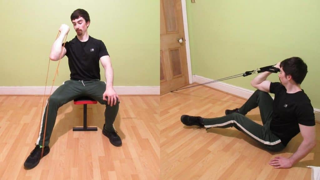 A man performing a bicep resistance band workout