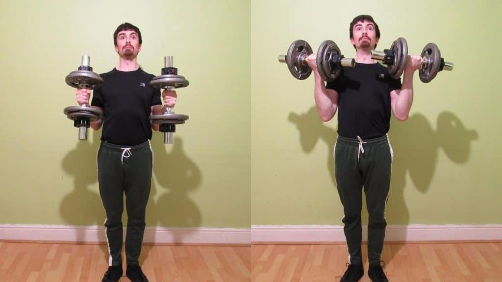A man performing some bicep workouts with dumbbells for resistance
