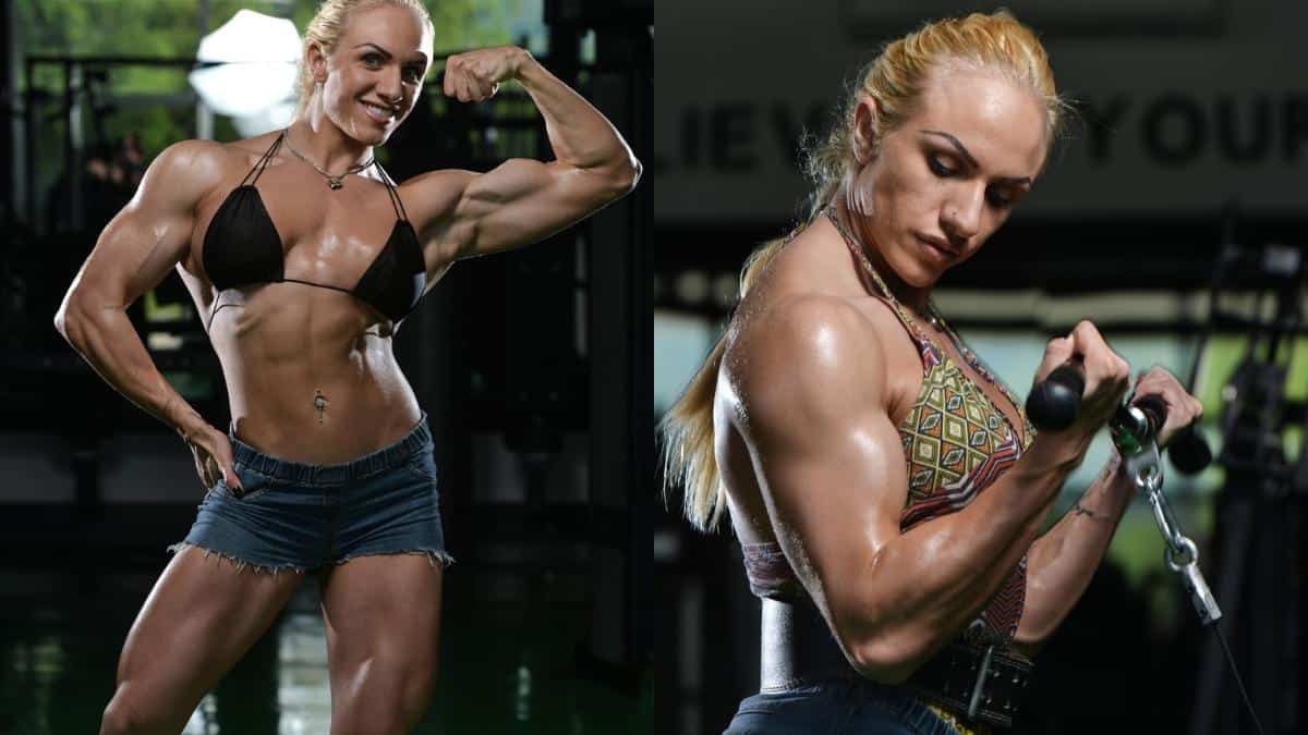 A woman bodybuilder displaying some of the biggest female biceps ever recorded