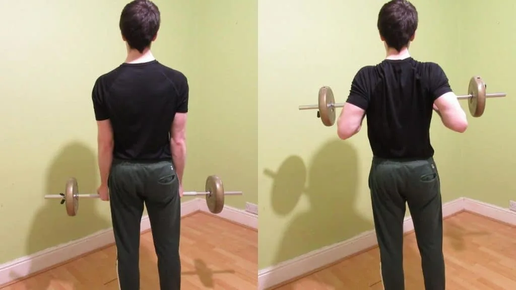 A man doing a barbell body drag curl for his biceps