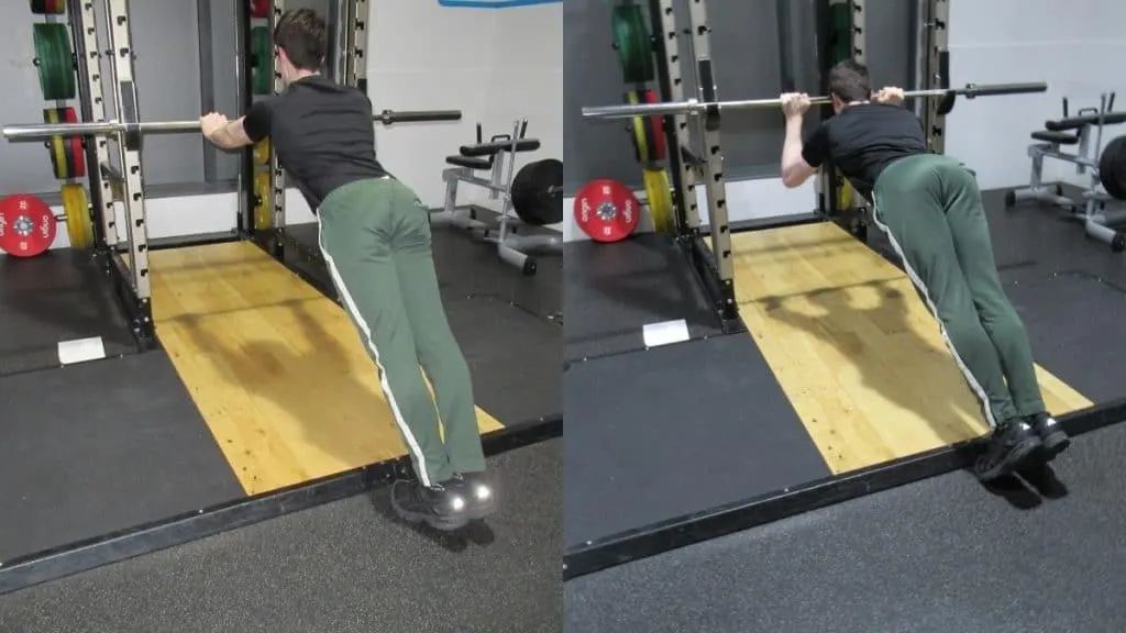 A man doing bodyweight skull crushers in a squat rack