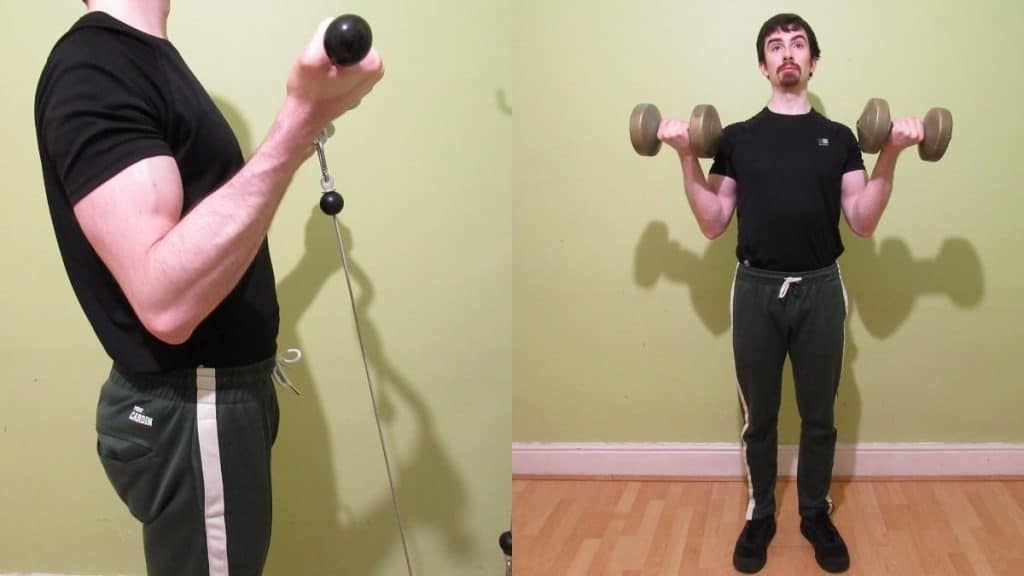 A weight lifter doing a cable bicep curl vs dumbbell bicep curl comparison