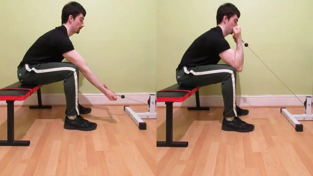 A man doing seated cable concentration curls for his biceps