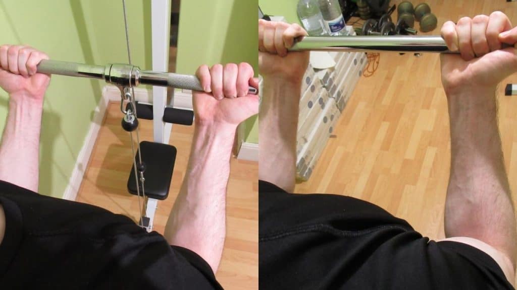 A man showing that you can do a cable curl or barbell curl to build your biceps