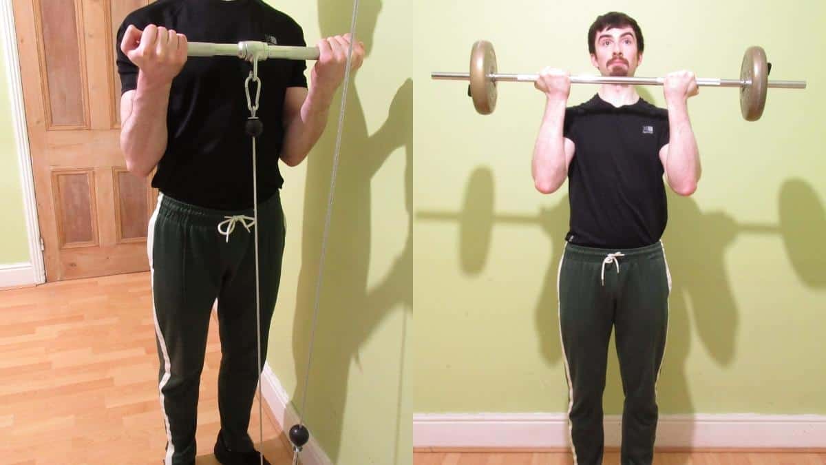 A weight lifter performing a cable curl vs barbell comparison to illustrate the differences