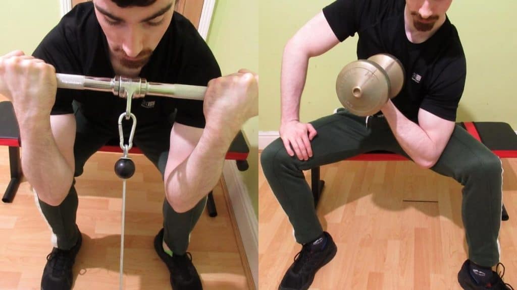 A man doing a side by side cable curl vs dumbbell curl comparison