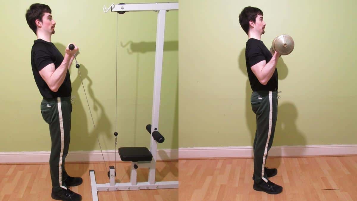 A weight lifter doing a cable curls vs dumbbell curls comparison to show the differences