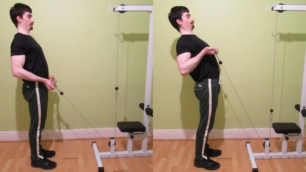 A man making a common cable drag curl mistake: lifting too much weight