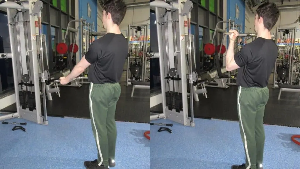 A man doing a cable EZ bar curl