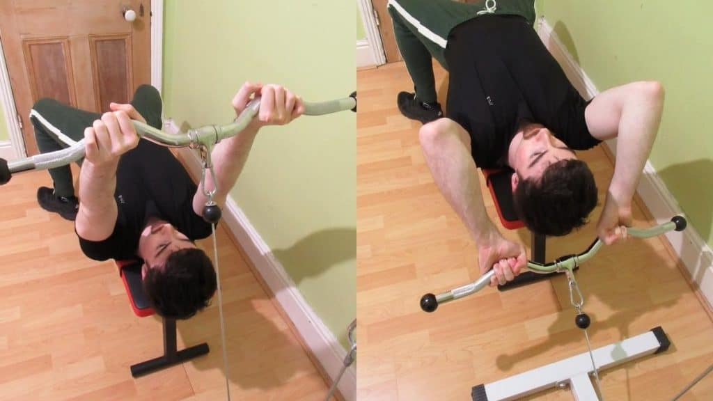 A man doing cable lying tricep extensions