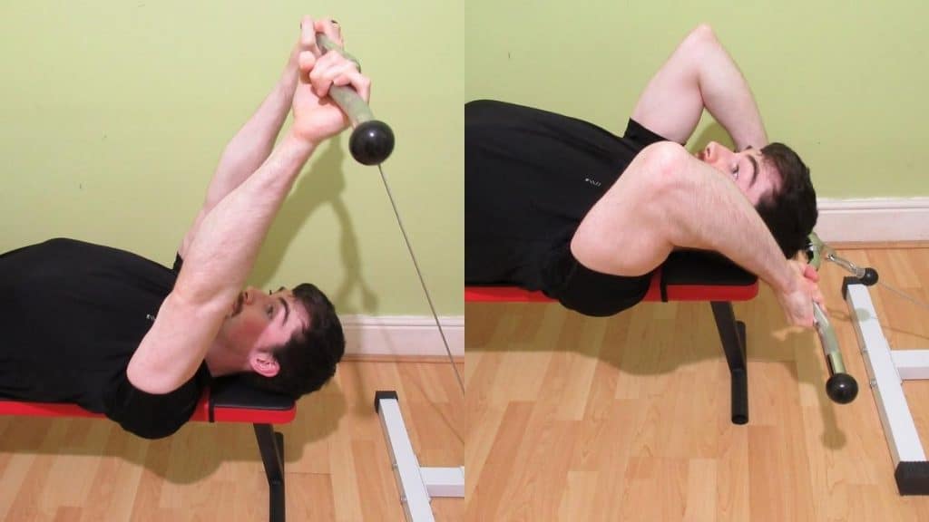 A man doing a lying cable skull crusher to work his triceps