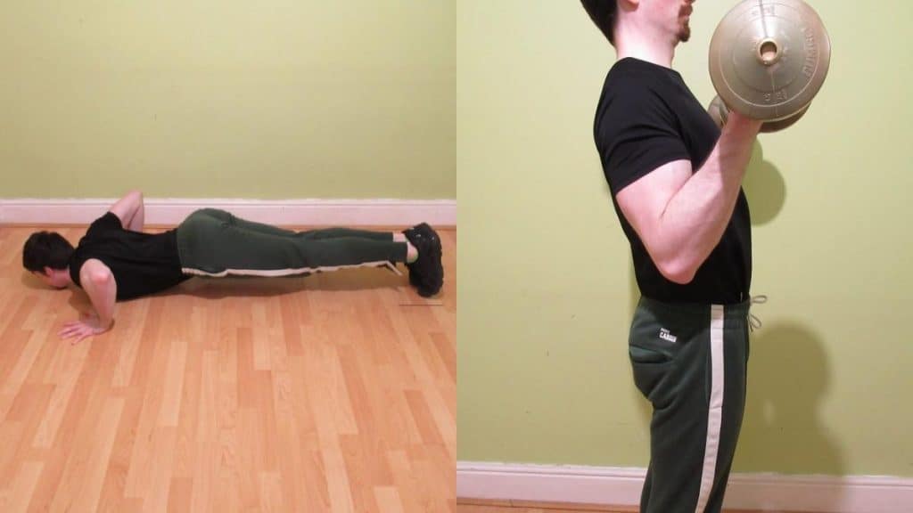 A man performing a chest and biceps workout at home