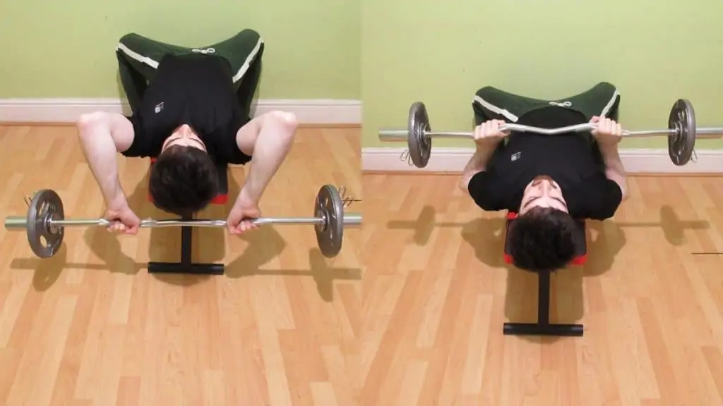 A man performing a close grip bench press and a skull crusher