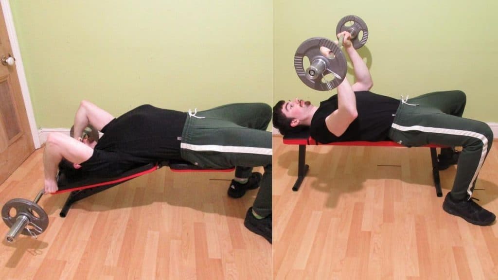 A man performing a close grip bench press vs skull crushers comparison to show the differences