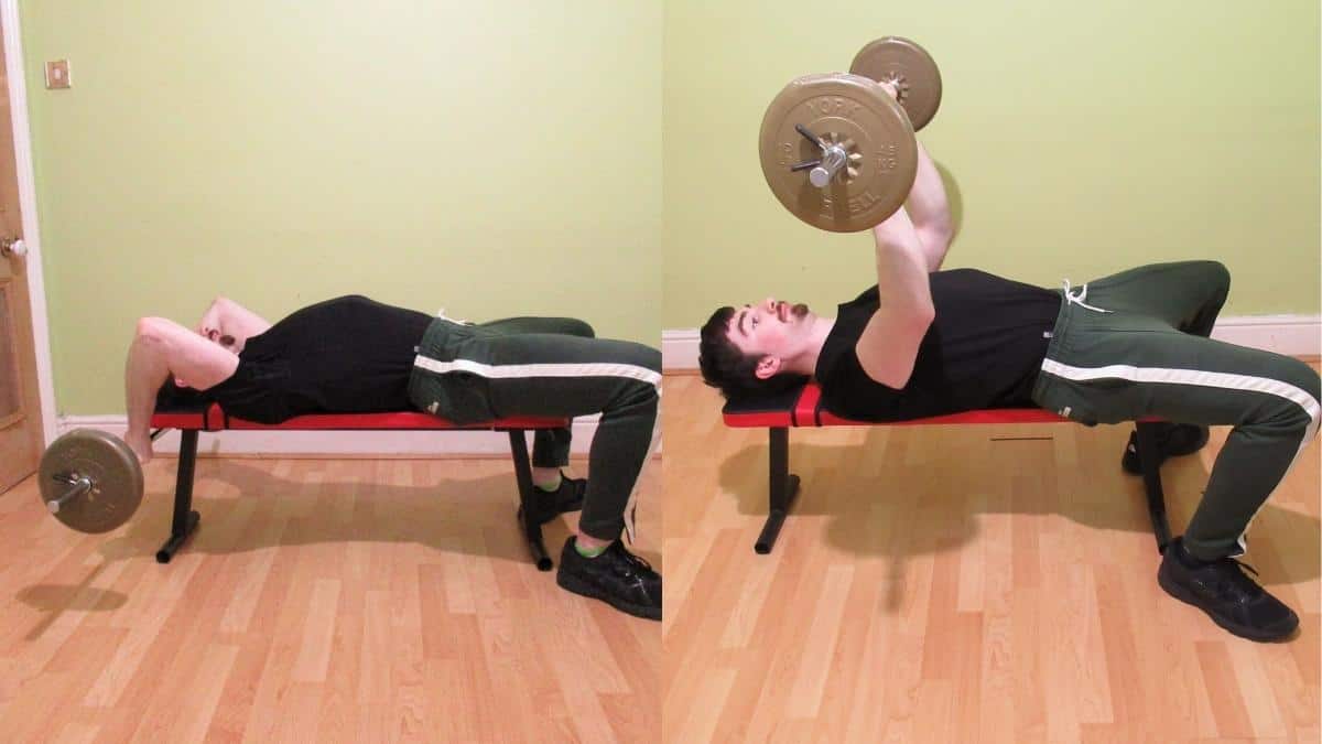 A man doing a close grip bench press vs skullcrushers comparison to illustrate the differences