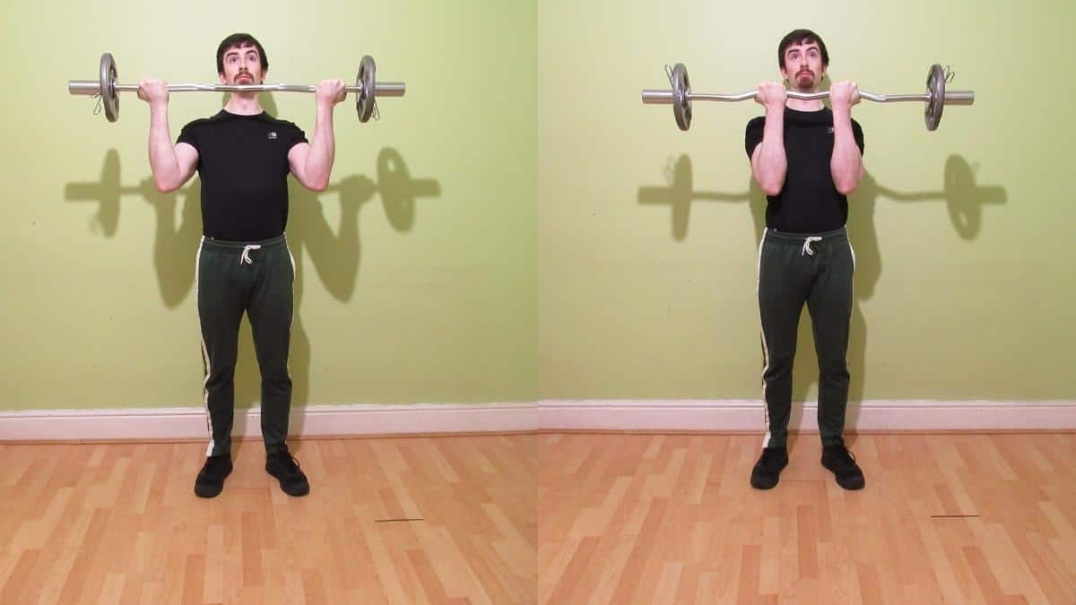 A weight lifter performing a close grip curls vs wide grip curls comparison to show the differences