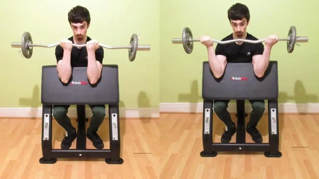 A man doing a close grip vs wide grip preacher curls comparison to show the differences