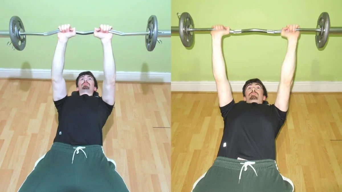 A man doing a close grip vs wide grip skull crushers comparison