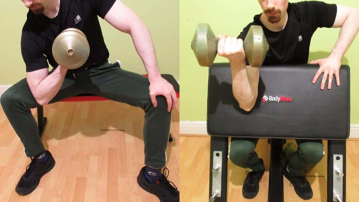 A man performing a concentration curl vs preacher curl comparison to illustrate the differences