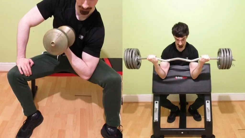 A man doing a concentration curls vs preacher curls comparison to show the differences