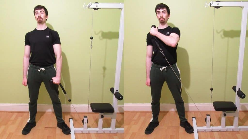 A man doing a cross body cable hammer curl with a rope attachment