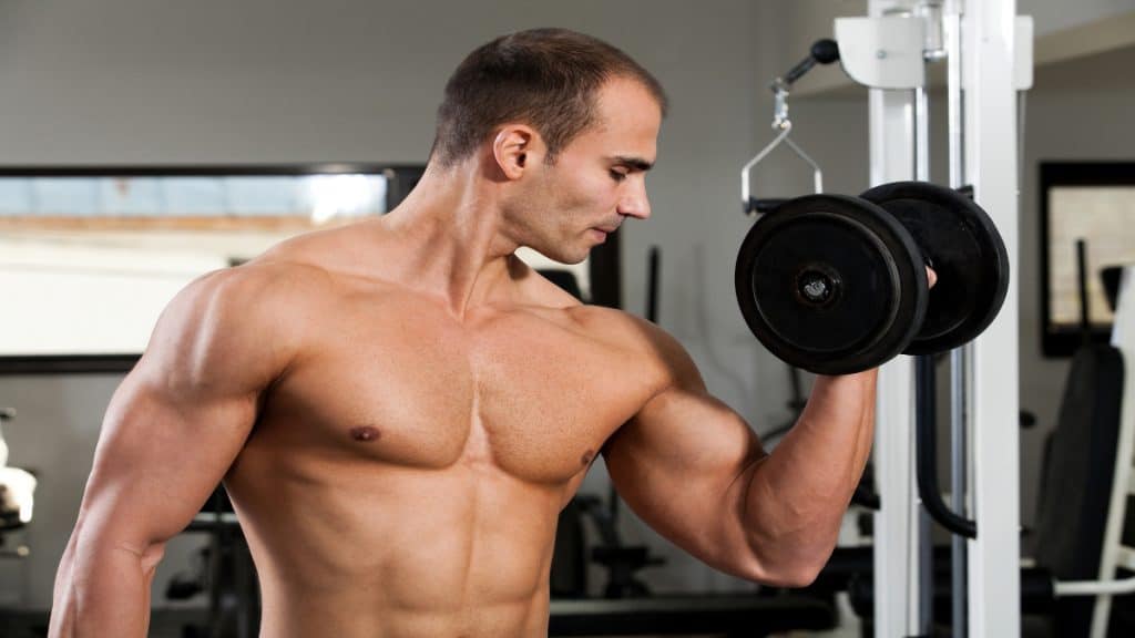 A man curling 40 lb dumbbells to work his biceps