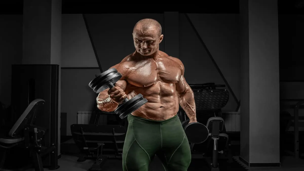 A bodybuilder curling 70 lb dumbbells with his biceps