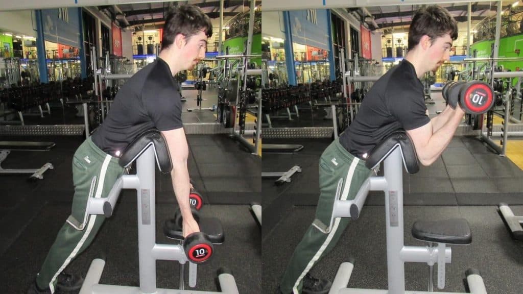 A man performing DB spider curls at the gym