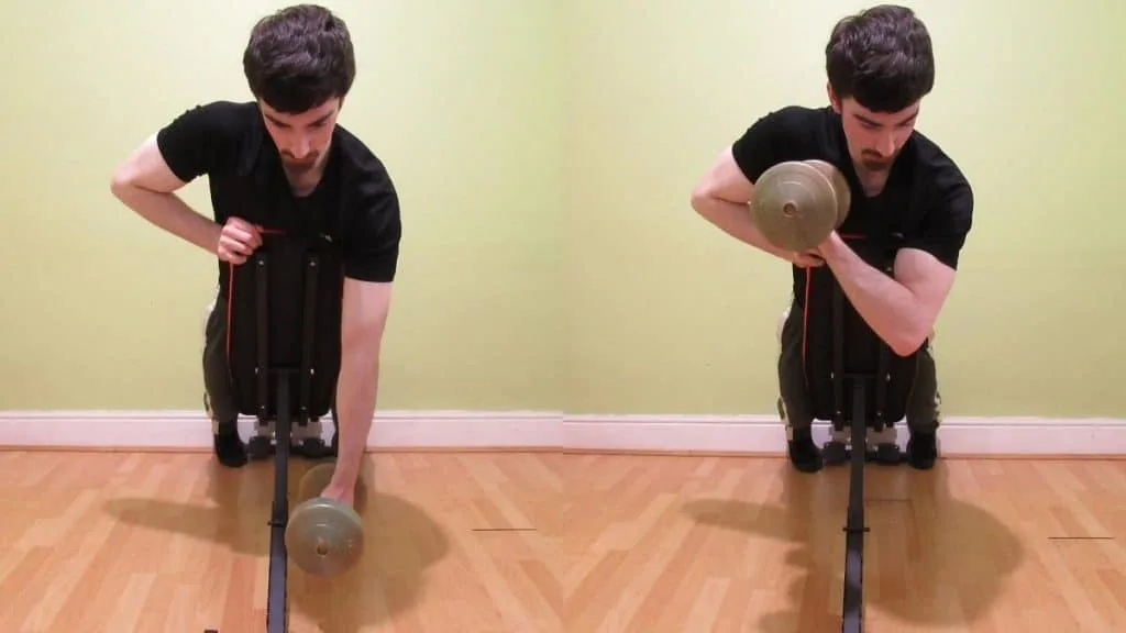 A man doing decline dumbbell curls