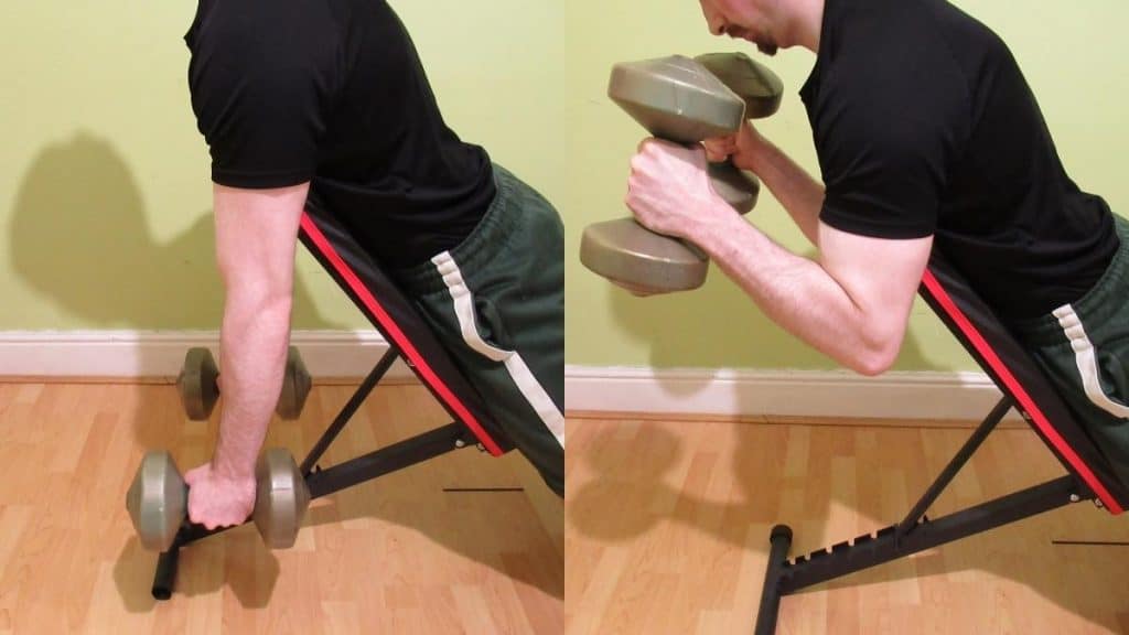 A man performing a decline dumbbell hammer curl