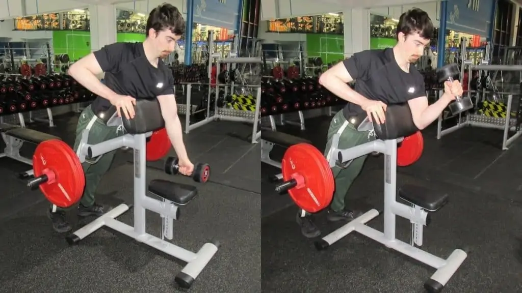 A man doing decline dumbbell hammer curls