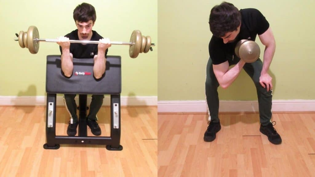 A weight lifter demonstrating the difference between concentration curls and preacher curls