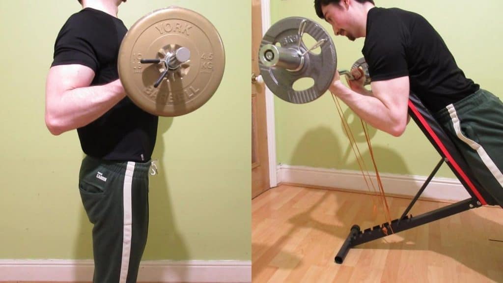 A weight lifter demonstrating the difference between drag curls and spider curls