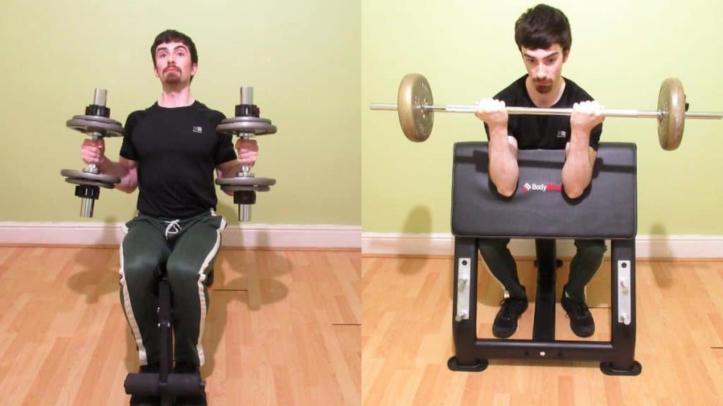 A man demonstrating the difference between hammer curls and preacher curls