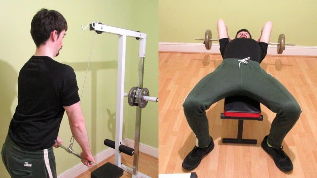 A man demonstrating the difference between a lying tricep extension and a tricep pushdown