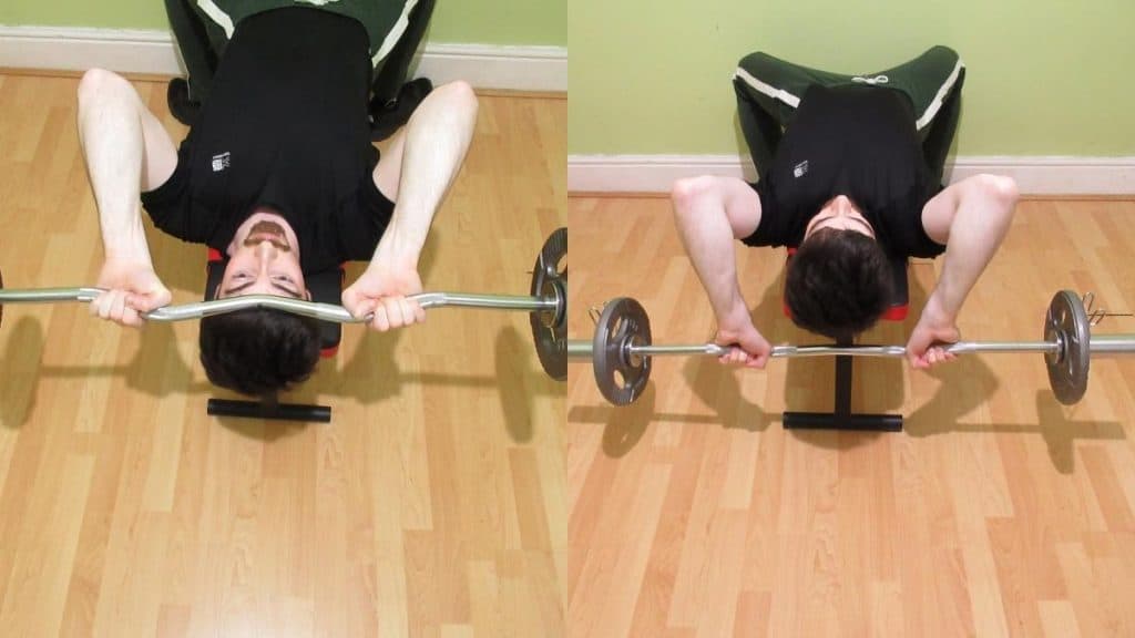 A man demonstrating the difference between a skull crusher and a tricep extension