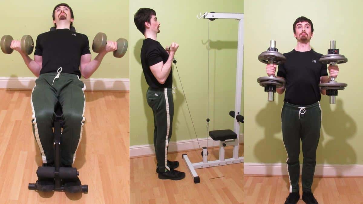 A man demonstrating some different bicep curl variations with dumbbells