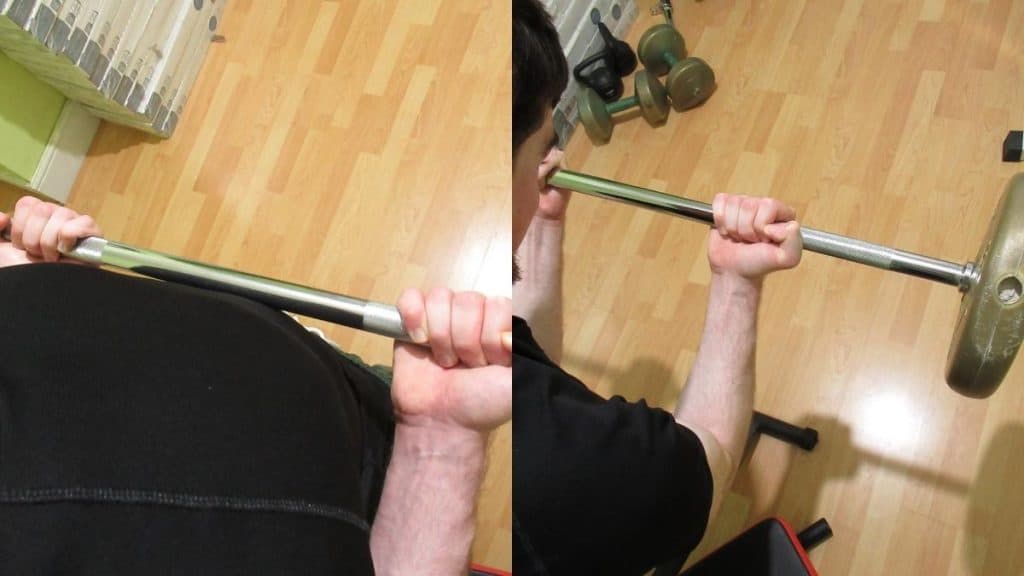 A man showing that you can do a drag curl or spider curl to work your biceps