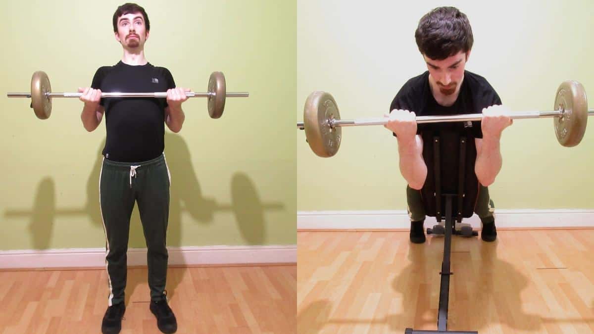 A man doing a drag curl vs spider curl comparison to show the differences