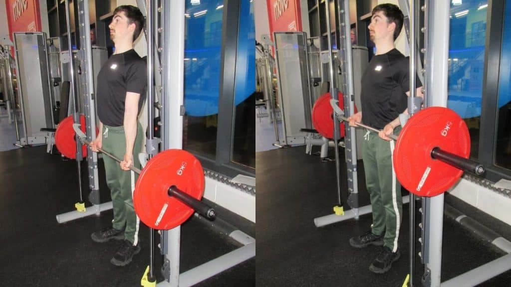 A man doing drag curls on the Smith machine