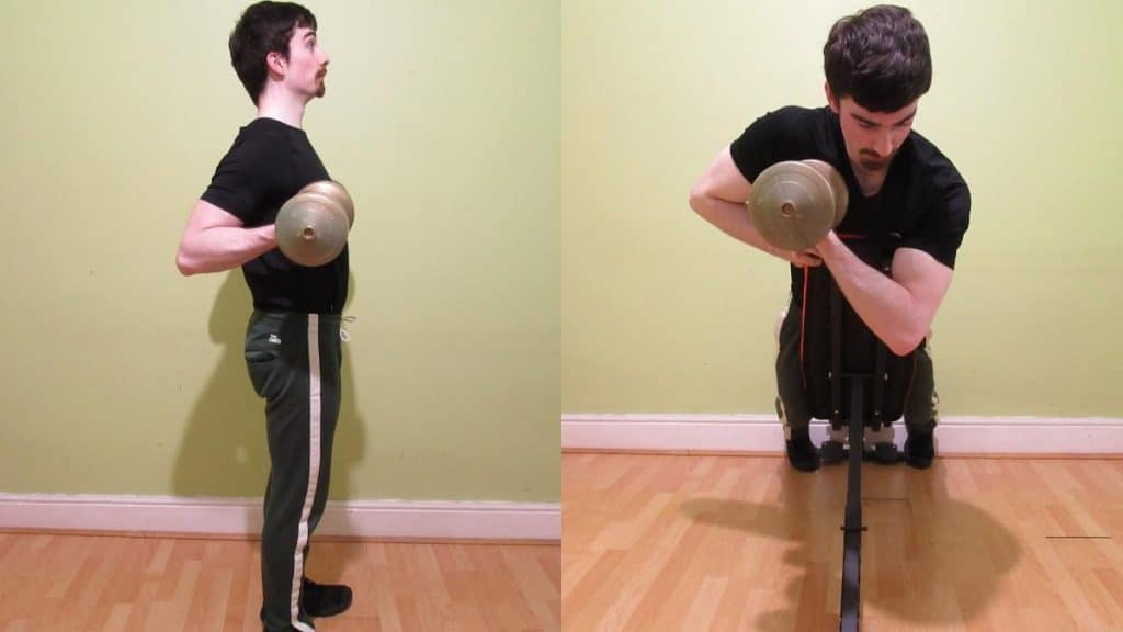 A weight lifter doing a drag curls vs spider curls comparison to illustrate the differences