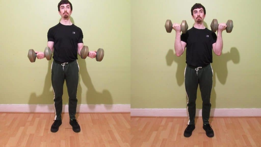 A man doing dumbbell 21s for his biceps
