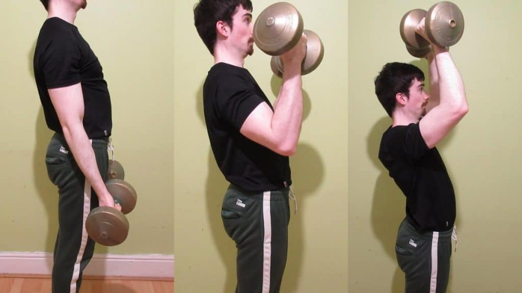 A man performing a dumbbell curl and press