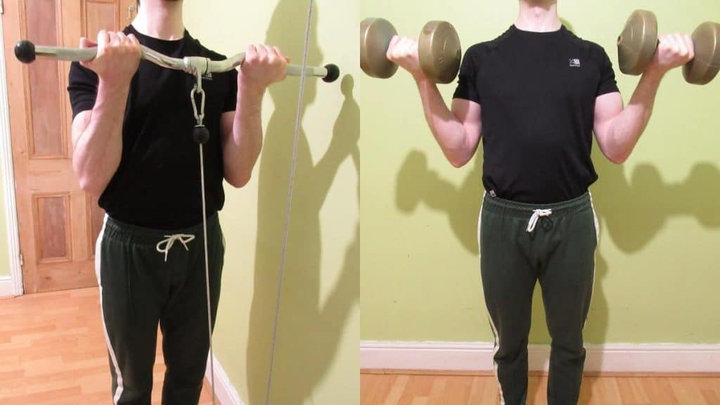 A man performing a dumbbell curl vs cable curl showdown