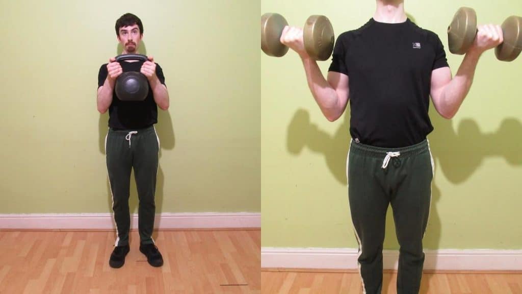 A muscular man performing a dumbbell curl vs kettlebell curl comparison